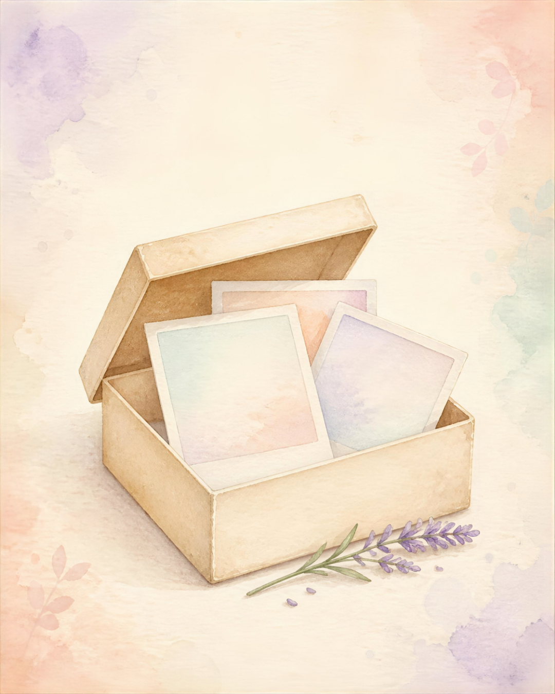 A painted shoebox holding three soft polaroid frames