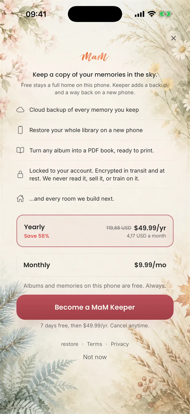MaM Keeper in light mode, showing encrypted backup and restore options