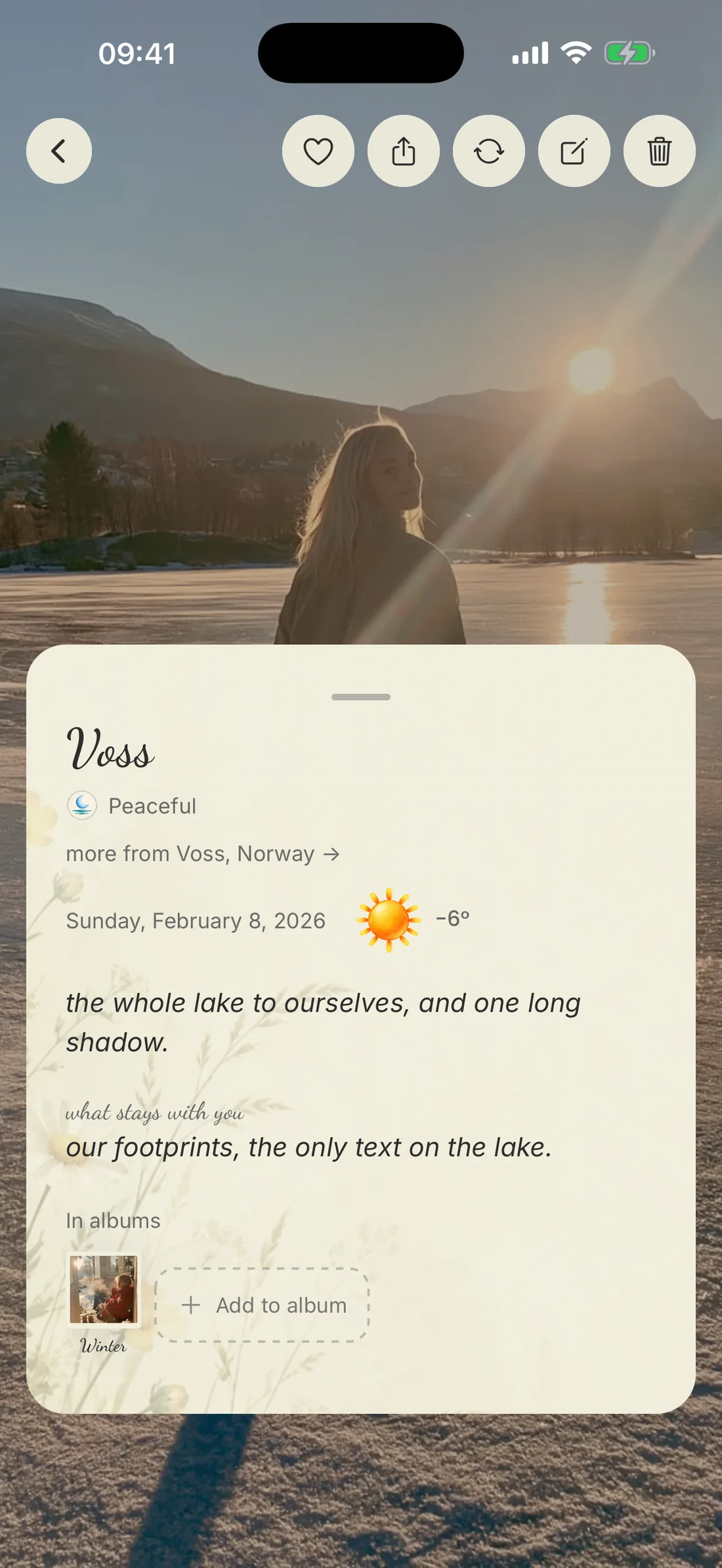 An opened memory with its photo, place, mood, weather and written story