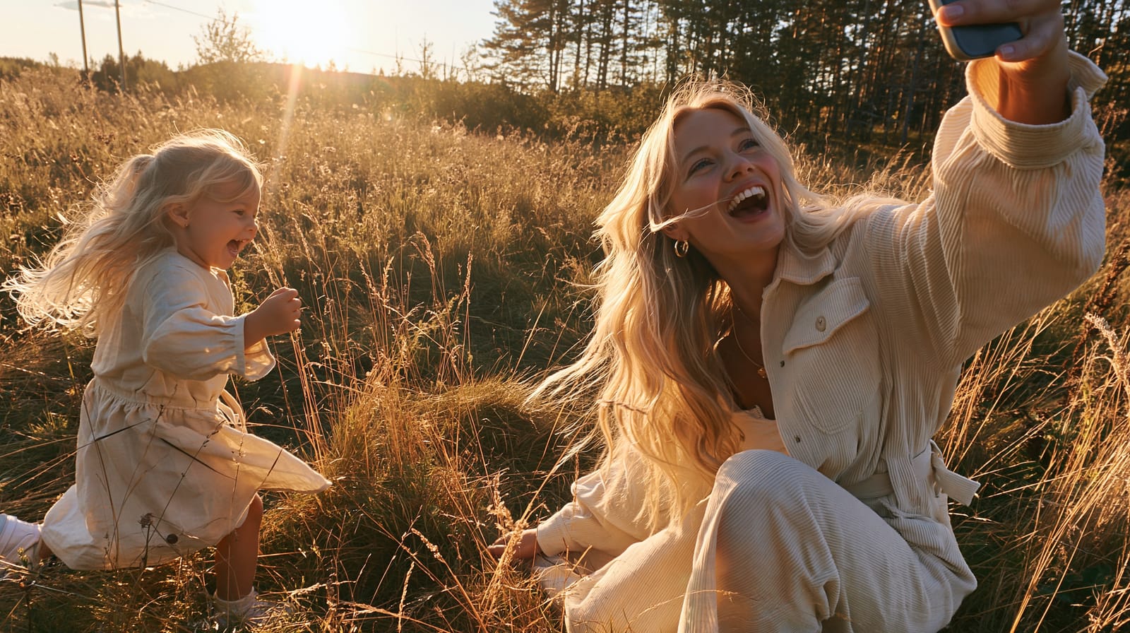 A mother laughing with her small child in a sunlit wheat field, hair catching the evening light